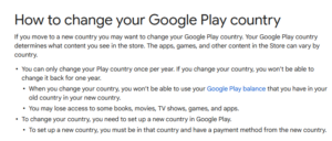Screenshot from Google Help about changing your country
